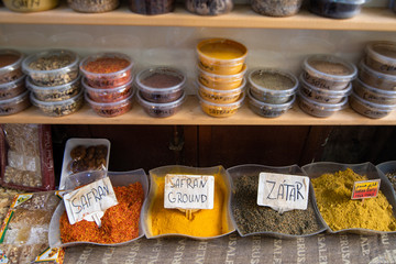 Close up of safran and zatar spices display in the market of Jerusalem