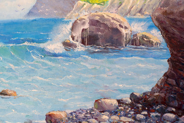 Beach painting. Painting on canvas with oil stones, sea, mountain spray