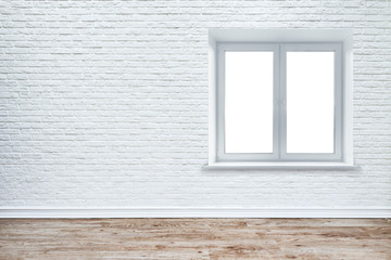 White brick wall with window and plank wood floor background.
