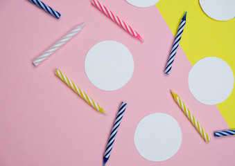 Colorful Candles For Birthday Party On The Pastel Yellow And Pink Background Minimal Style Flat Lay Pattern Concept Of Celebration Copy Space