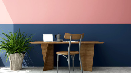 Workplace decorate blue wall and pink wall in office or home - Study room or workplacefor artwork residence business - 3D Rendering