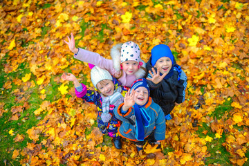 funny children play and have fun in a beautiful autumn park.
