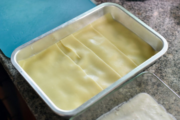 Boiled pasta lay on tray, Top view