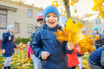 cheerful children play and collect autumn foliage