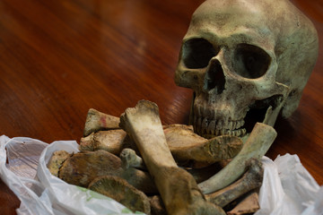 Old skull and bones in white bag on brown wooden table, still life image and space for texts