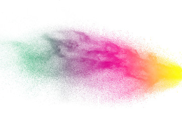 Multicolored particles explosion on white background. Colorful dust splatter on white background.