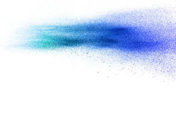 Blue color dust particles splash on white background.