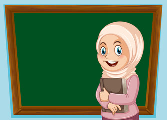 A muslim girl and blackboard banner