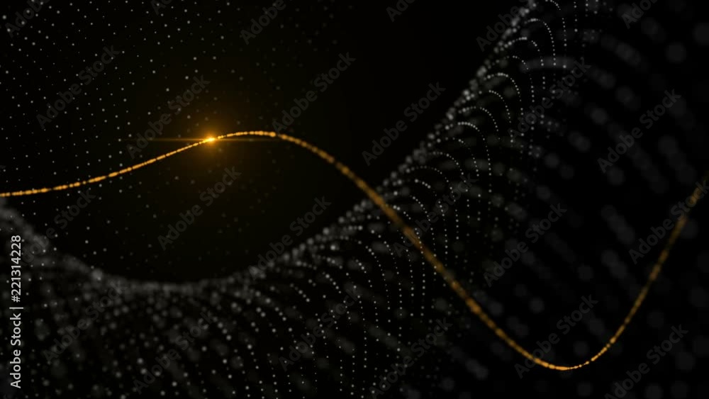 Poster Elegant dynamic dots and pulsating light in motion. Black abstract technology, science and engineering stylish motion background. Depth of field settings. 3D rendering.