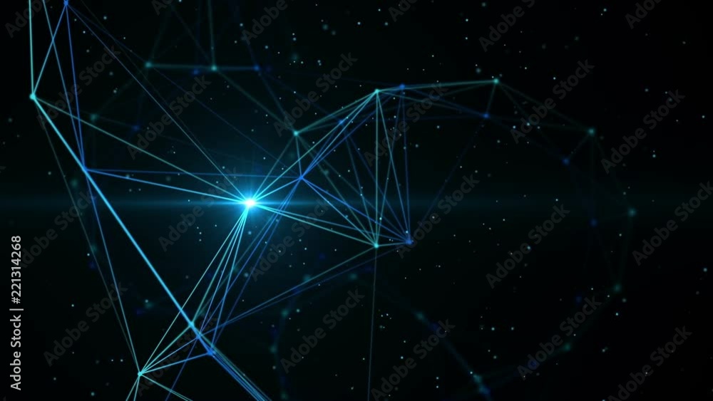 Aufkleber Seamless loop: Plexus lines and dots network rotating with particles and pulsating light. Fantasy abstract technology, science and engineering motion background. Depth of field settings. 3d rendering.
