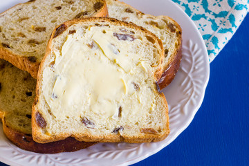 Bara Brith or Speckled Bread a traditional Welsh fruit loaf made with sultanas or raisins often eaten buttered