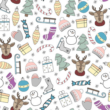 Christmas seamless color patterns. Painted Christmas items: Christmas tree, candy, Christmas toy, gift box, skates, sled, deer, winter hat, warm socks, garland and snowflakes. Vector illustration.