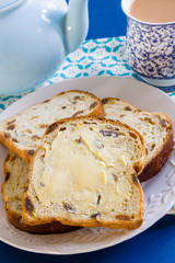Bara Brith or Speckled Bread a traditional Welsh fruit loaf made with sultanas or raisins often eaten buttered for afternoon tea