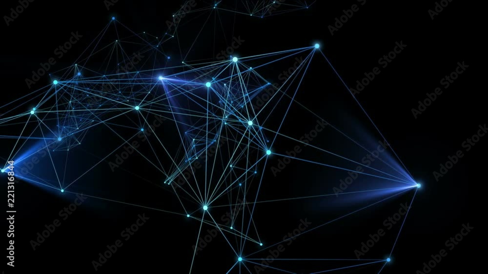 Poster plexus fantasy lines, dots and particles in organic motion with blue spotlights moving. abstract tec