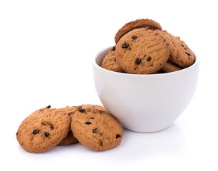 Chocolate chip cookie in bolwl on white background