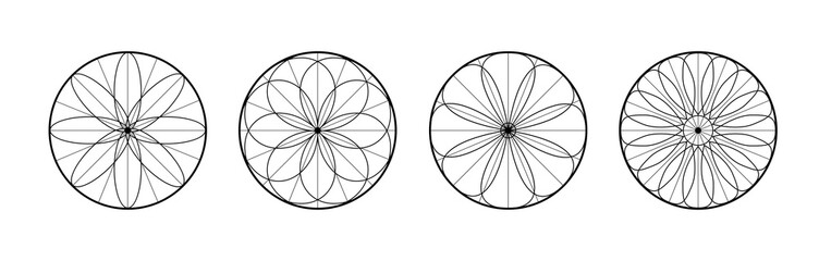 set of abstract patterns. Icons of the dream catcher. Round linear symbols. Flowers with geometric shapes