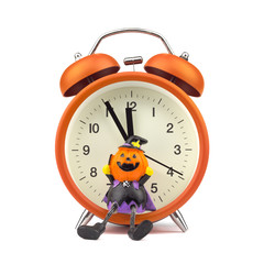 Count down to holloween festival concept. Orange alarm clock with pumpkins ghost toy isolated on white