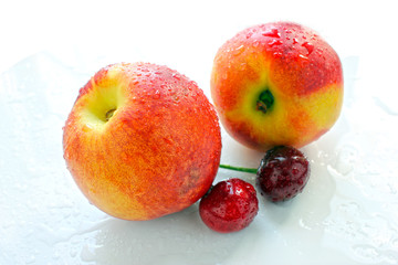 peach cherry saturated colors close-up, summer rural still life