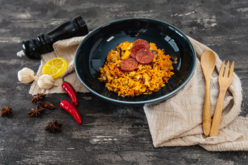 Prawn with rice - closeup of prawn with rice - traditionnal spanish food paella