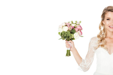 cropped shot of smiling young bride with bridal bouquet isolated on white
