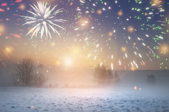 Christmas landscape at night with fireworks in dark sky. Xmas background. Winter nature with trees and plants covered by snow and hoarfrost. Festive lights on new year. Celebrate Christmas.