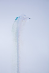 Radom, Poland- August 24, 2018: A group of aircrafts flies during air show