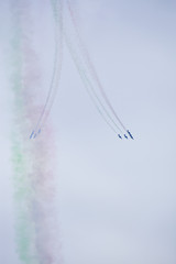 Radom, Poland- August 24, 2018: A group of aircrafts flies during air show