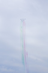 Radom, Poland- August 24, 2018: A group of aircrafts flies during air show