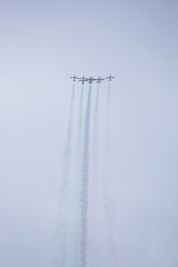 Radom, Poland- August 24, 2018: A group of aircrafts flies during air show