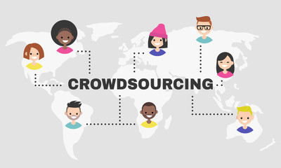 Crowdsourcing platform. World map. Millennial professionals. Project work. Flat editable vector illustration, clip art