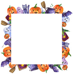 Fototapeta premium watercolor frame with pumpkins and ghosts for halloween