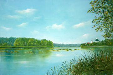 Landscape by the lake. Painting. Painting with oil paints