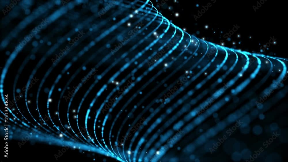 Poster seamless loop: fantasy blue textured abstract shape and light particles in organic motion. technolog