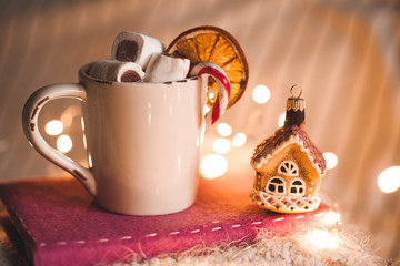 Cup of coffee with gigngerbread house Christms decor over lights at background. Winter season.