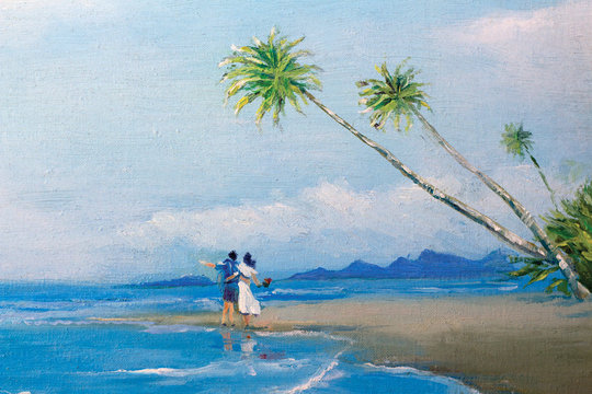Romantic lovers by the sea painting. Painting on canvas oil painting for lovers of the sea ship