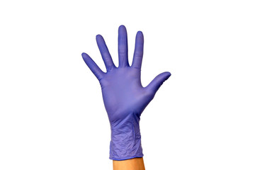 woman's hand in a rubber glove. Isolate on white background. The concept of the work of a cook in a restaurant
