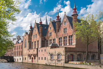 Bruges in Belgium, beautiful typical houses on the canal
