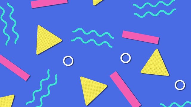 Retro abstract 80's 90's design pattern background. Memphis style with geometrical shapes of different vintage colors. Seamless 4k pop art design.