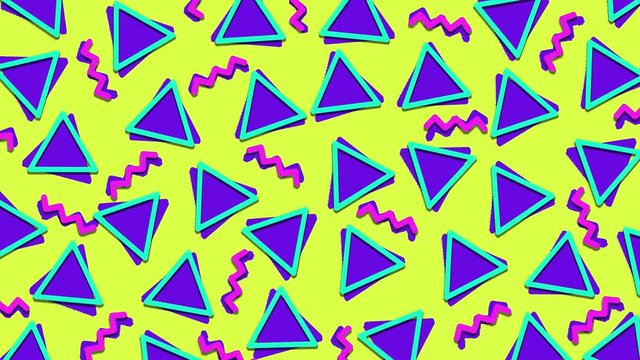 Retro abstract 80's 90's design pattern background. Memphis style with geometrical shapes of different vintage colors. Seamless 4k pop art design.
