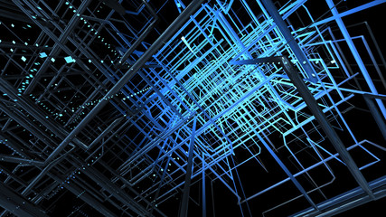 Abstract background blue grid against black background.