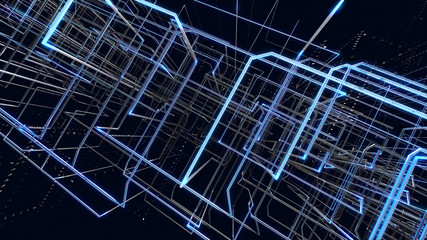 Blue grid against black background. Communication concept. 3D illustration.

