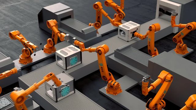 Robotic arms of industrial robots constructing 3d printers on assembly line. 4k