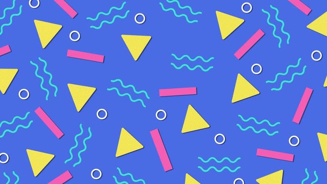 Retro abstract 80's 90's design pattern background. Memphis style with geometrical shapes of different vintage colors. Seamless 4k pop art design.