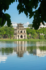 Turtle Tower (Thap Rua) in Hoan Kiem lake (Sword lake, Ho Guom) in Hanoi, Vietnam.