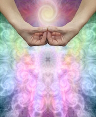Meditation Message Background - female hands shaped in Amida Buddha Samahita Mudra Hand position...