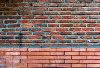 Cracked Dark Red Old Brick Wall Texture. Damaged Brown Abstract Blank Stonewall Background.
