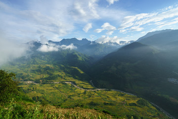 Terraced rice field landscape with low clouds in Y Ty, Bat Xat district, Lao Cai, north Vietnam