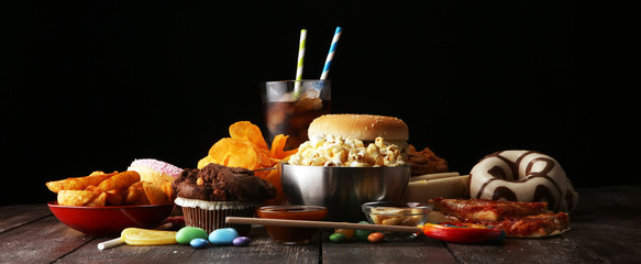 Unhealthy products. food bad for figure, skin, heart and teeth.