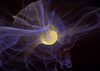 Abstrct Digital Artwork. The theme of the cosmos and the universe. The origin of life in interstellar space against the background of dark space. Technologies of fractal graphics.