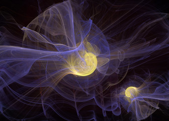 Abstrct Digital Artwork. The theme of the cosmos and the universe. The origin of life in interstellar space against the background of dark space. Two stars. Technologies of fractal graphics.